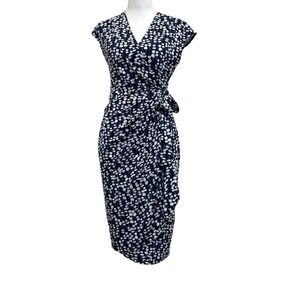 Lark & Ro Navy Blue & White Floral Wrap Front Jersey Midi Dress
